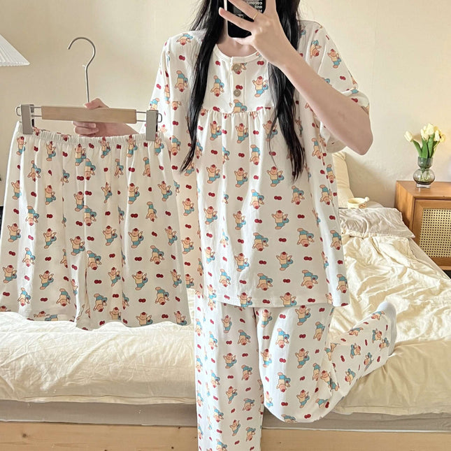 Cotton Three-piece Pajamas Women Spring Summer Set L size 64cm length.