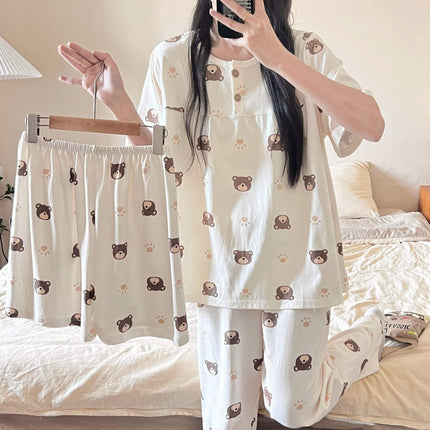 Cotton Three-piece Pajamas Women Spring Summer Set 90-120 catties L.