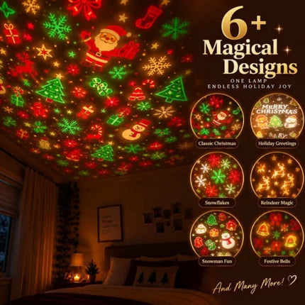 Cozy LED Star Projector Light Ceiling Night Lamp showcasing colorful holiday designs like Santa, Christmas trees, and festive decorations.