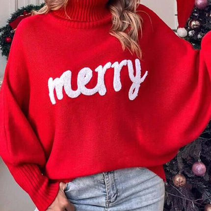 Cozy Turtleneck Bat Sleeve Letter Knit Sweater for Women back view