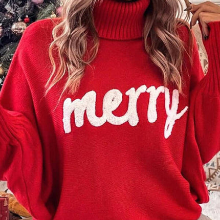 Cozy Turtleneck Bat Sleeve Letter Knit Sweater for Women fabric detail