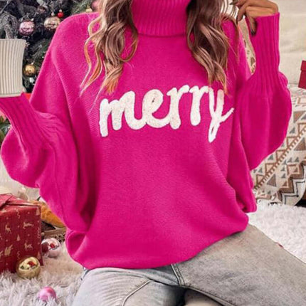 Cozy Turtleneck Bat Sleeve Letter Knit Sweater for Women front view