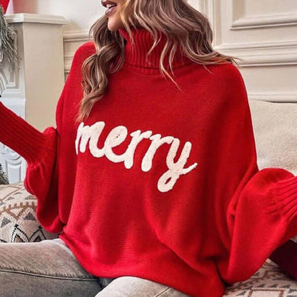 Cozy Turtleneck Bat Sleeve Letter Knit Sweater for Women turtleneck closeup