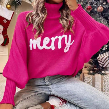 Cozy Turtleneck Bat Sleeve Letter Knit Sweater for Women side angle