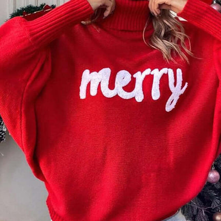 Cozy Turtleneck Bat Sleeve Letter Knit Sweater for Women sleeve detail