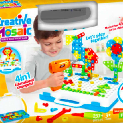 Creative Building Kits Educational Blocks toy set with colorful pieces and a child using a drill for creative play.
