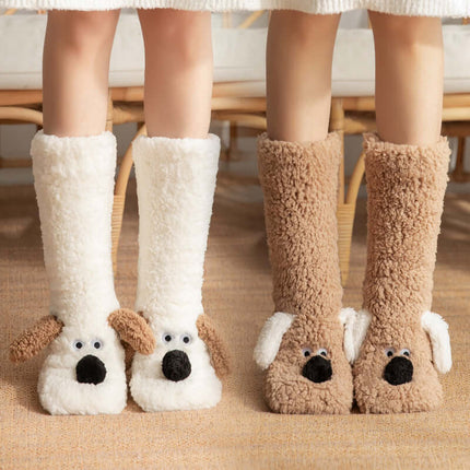 Cute Cartoon Dog Warm Plush Floor Socks for Women Non Slip front view