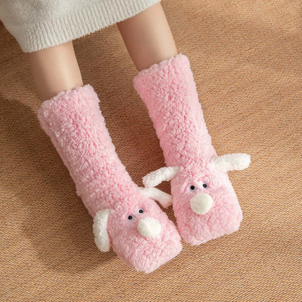 Cute Cartoon Dog Warm Plush Floor Socks for Women Non Slip side angle