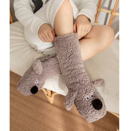 Cute Cartoon Dog Warm Plush Floor Socks for Women Non Slip side angle