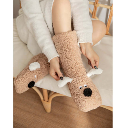 Cute Cartoon Dog Warm Plush Floor Socks for Women Non Slip on feet
