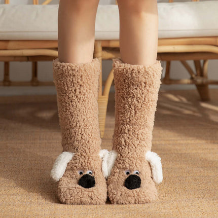 Cute Cartoon Dog Warm Plush Floor Socks for Women Non Slip non slip sole