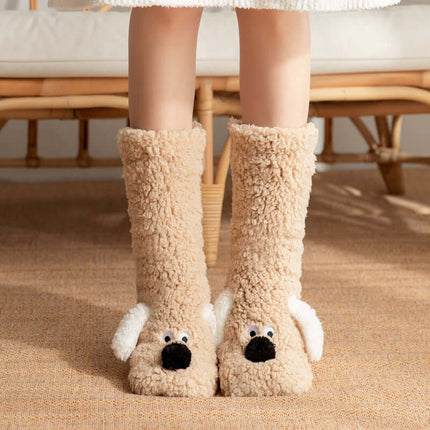 Cute Cartoon Dog Warm Plush Floor Socks for Women Non Slip cozy indoor