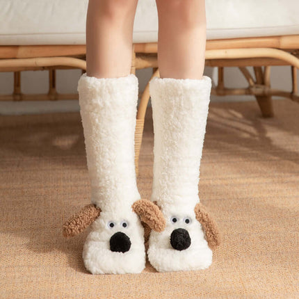 Cute Cartoon Dog Warm Plush Floor Socks for Women Non Slip warm material