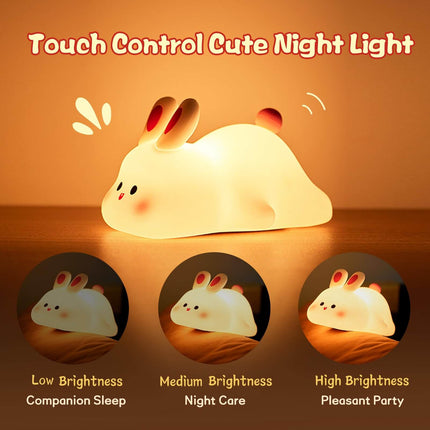 Cute Rabbit LED Night Light Soft Silicone Touch Lamp with adjustable brightness options for sleep and parties.