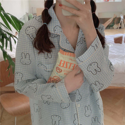 Cute Rabbit Pajamas For Women Sweet Cardigan Suit with bunny pattern, perfect for cozy nights in.