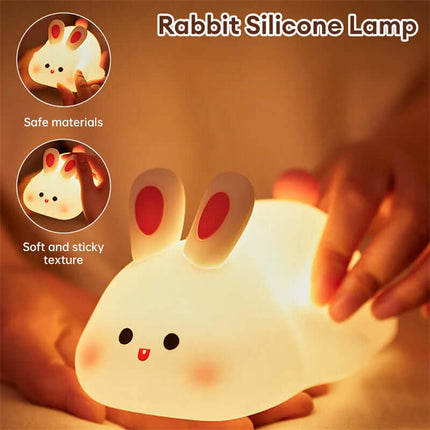 Cute Rabbit LED Night Light Soft Silicone Touch Lamp displayed with safe materials and soft, sticky texture.