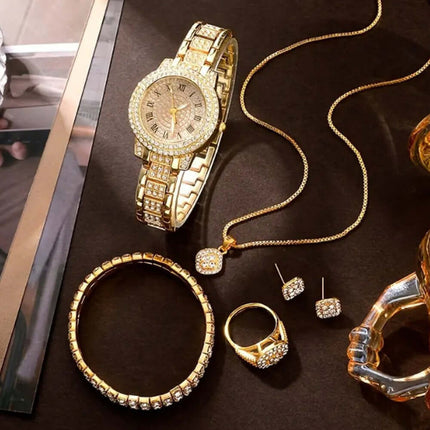 Diamond Studded Watch Set silver steel link design.