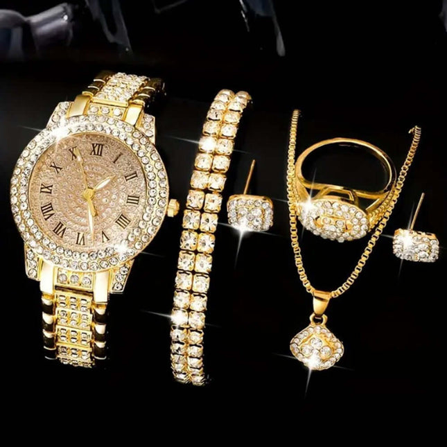 Diamond Studded Watch Set 5 piece jewelry collection.