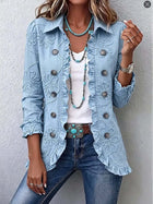 Double Breasted Ruffled Slim Fit Digital Printed Jacket worn by a woman with accessories and denim jeans.