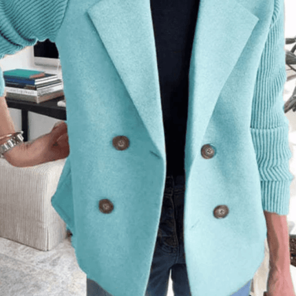 Double Breasted Lapel Jacket Knitted Sleeve Coat gray outerwear.