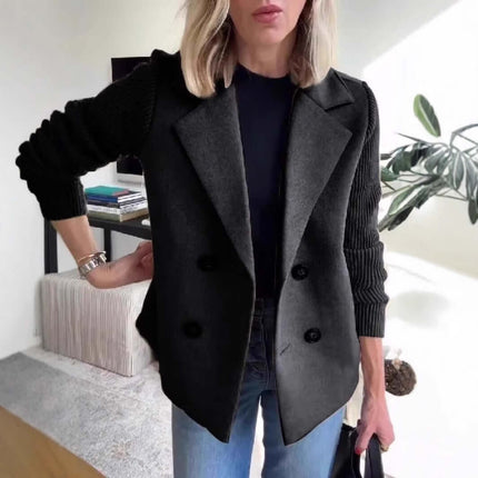 Double Breasted Lapel Jacket Knitted Sleeve Coat khaki outerwear.