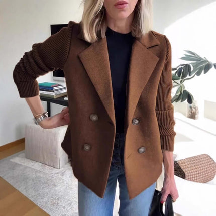 Double Breasted Lapel Jacket Knitted Sleeve Coat polyester fabric.
