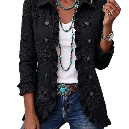Double Breasted Ruffled Slim Fit Digital Printed Jacket with floral design, paired with a white top and bohemian accessories.
