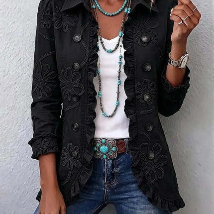 Double Breasted Ruffled Slim Fit Digital Printed Jacket worn by a woman with accessories and denim jeans.