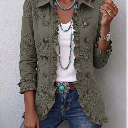 Double Breasted Ruffled Slim Fit Digital Printed Jacket worn with a white top and accessories, displayed on a model.
