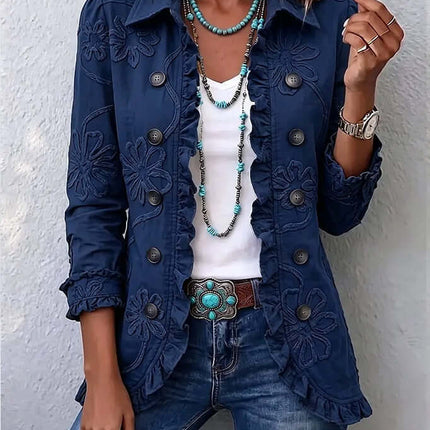 Double Breasted Ruffled Slim Fit Digital Printed Jacket on model with turquoise jewelry and casual outfit.