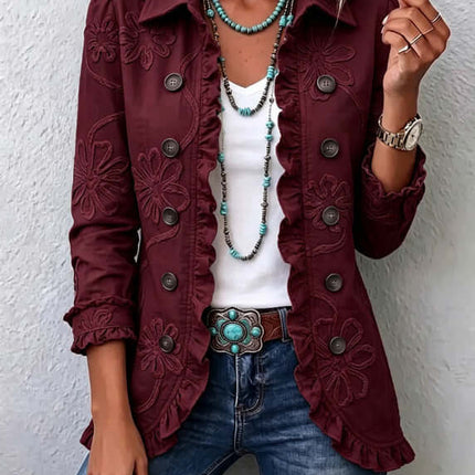 Double Breasted Ruffled Slim Fit Digital Printed Jacket worn with a white top and accessories, styled for a trendy look.