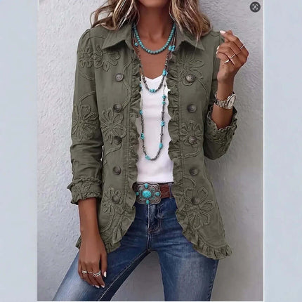 Double Breasted Ruffled Slim Fit Digital Printed Jacket styled with denim and accessories.