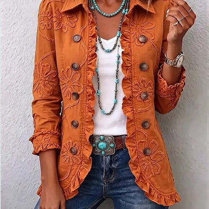 Double Breasted Ruffled Slim Fit Digital Printed Jacket in orange with floral embroidery and ruffles.