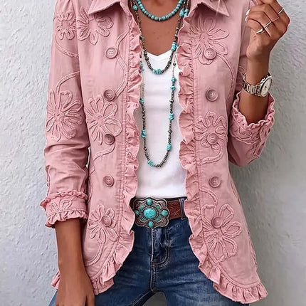 Double Breasted Ruffled Slim Fit Digital Printed Jacket in pink with floral embroidery and stylish accessories.