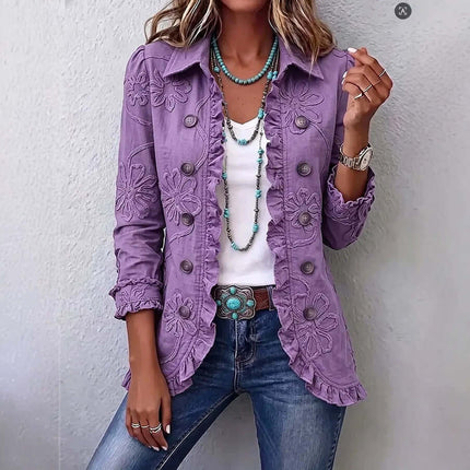 Double Breasted Ruffled Slim Fit Digital Printed Jacket worn with a white top, accessorized with turquoise jewelry.