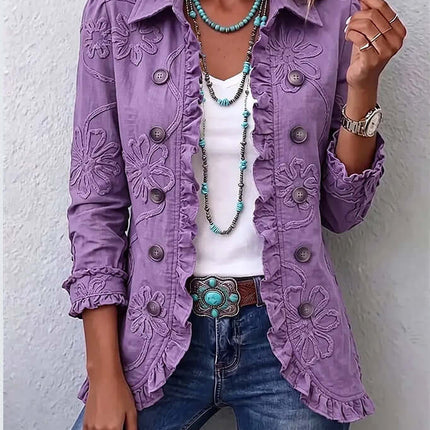 Double Breasted Ruffled Slim Fit Digital Printed Jacket in purple with floral embroidery and stylish accessories.