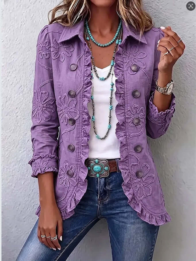 Double Breasted Ruffled Slim Fit Digital Printed Jacket in purple with floral embroidery and stylish accessories.