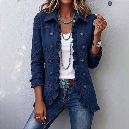 Double Breasted Ruffled Slim Fit Digital Printed Jacket worn with accessories and jeans.