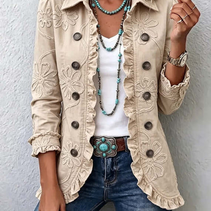 Double Breasted Ruffled Slim Fit Digital Printed Jacket with floral embroidery, styled with a white top and denim jeans.
