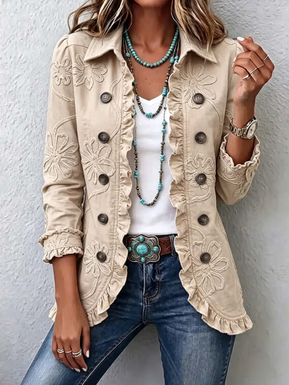 Double Breasted Ruffled Slim Fit Digital Printed Jacket with floral embroidery, styled with a white top and denim jeans.