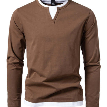 Double Layer V Neck Long Sleeve T Shirt for Men smart casual style