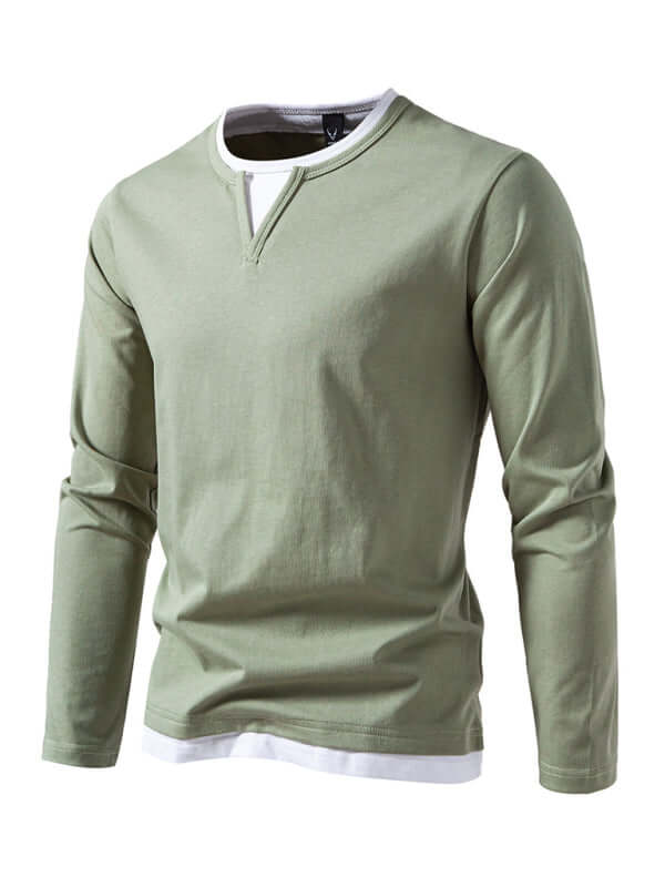 Double Layer V Neck Long Sleeve T Shirt for Men front view
