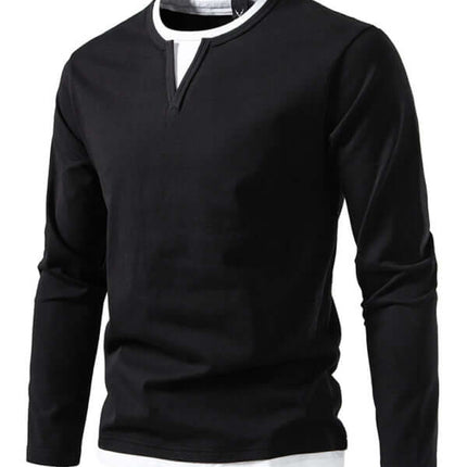 Double Layer V Neck Long Sleeve T Shirt for Men back view