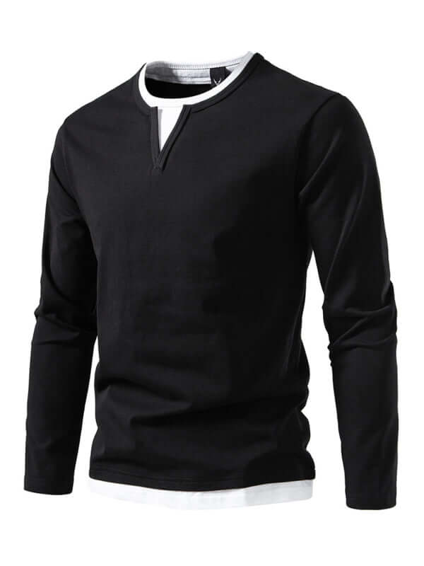 Double Layer V Neck Long Sleeve T Shirt for Men back view