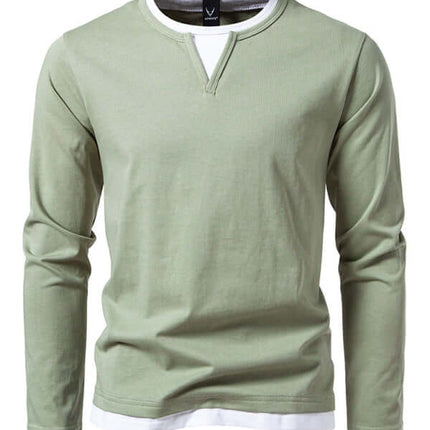 Double Layer V Neck Long Sleeve T Shirt for Men layered effect
