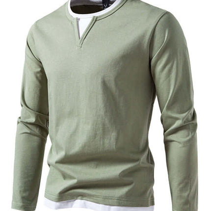 Double Layer V Neck Long Sleeve T Shirt for Men cotton fabric texture