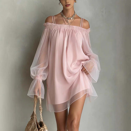 Double Strap Off Shoulder Fairy Mini Dress in romantic orchid pink color captured under bright warm studio lights