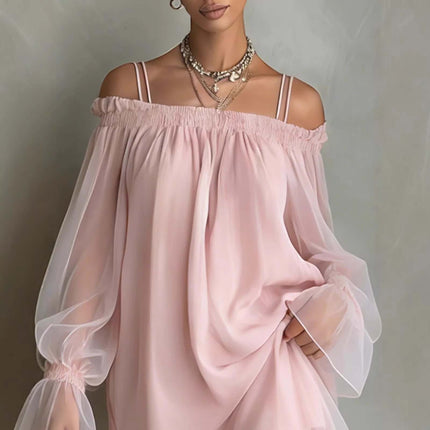 Double Strap Off Shoulder Fairy Mini Dress detailed macro shot tracking high grade polyester texture construction