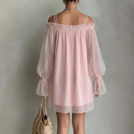 Double Strap Off Shoulder Fairy Mini Dress close view revealing the delicate sheer mesh long sleeves design lines