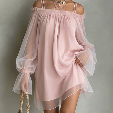 Double Strap Off Shoulder Fairy Mini Dress back view layout confirming professional clean stitched edge boundaries